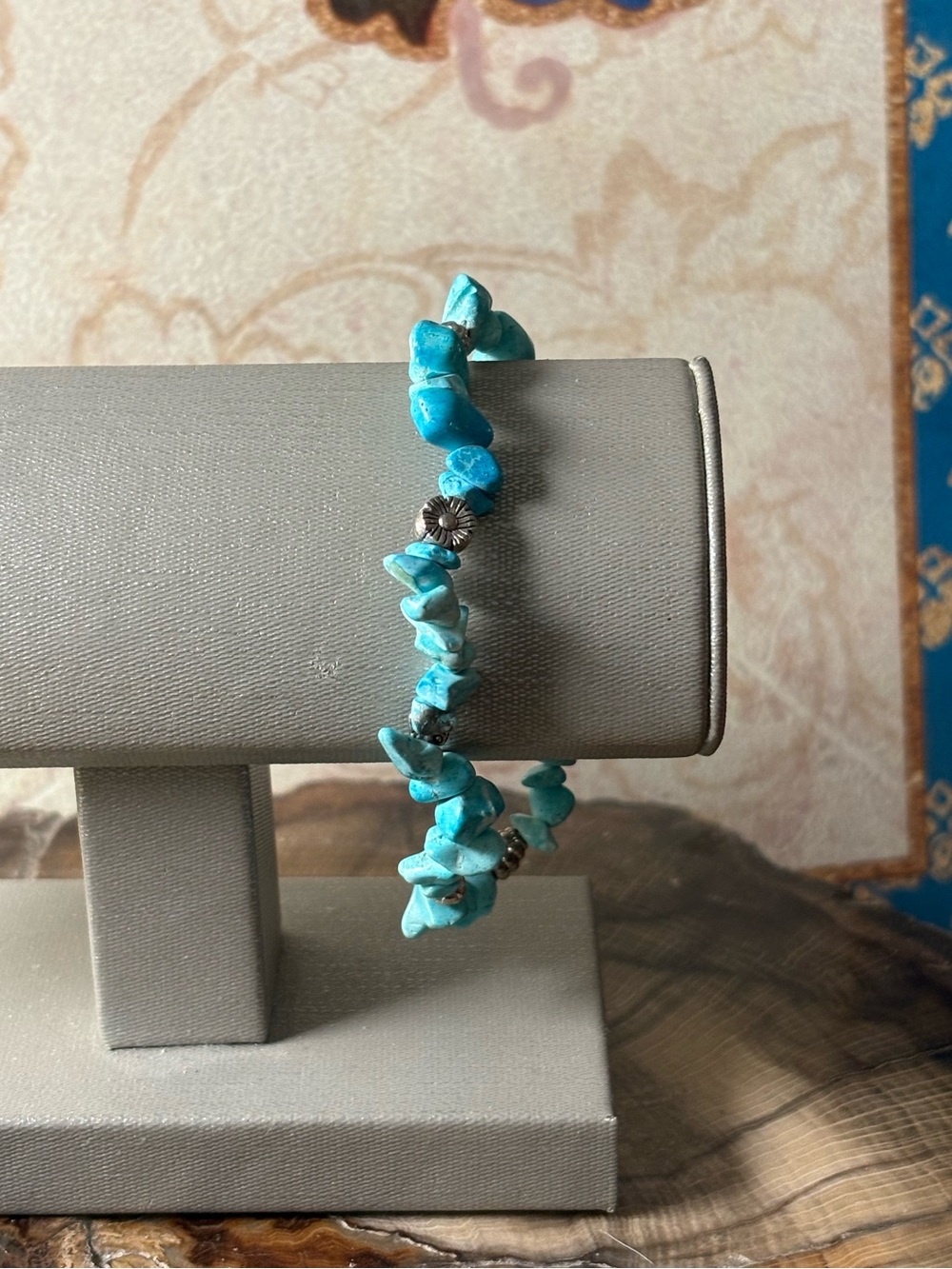 Turquoise Chip and Silver Floral Beaded Stretch Bracelet